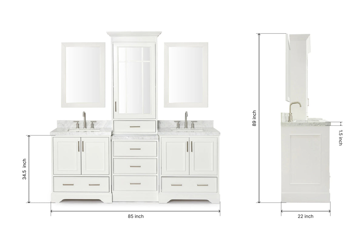 Ariel stafford 85 in. double rectangle sink vanity set with 1.5 in. carrara white marble countertops in white