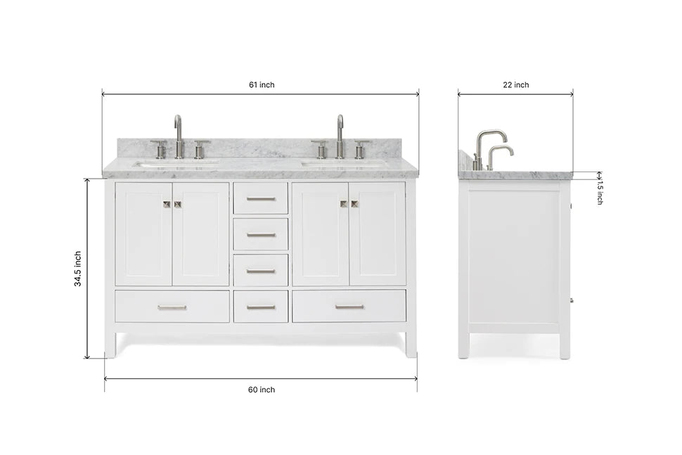 Ariel cambridge( 60 in , 61 in )  double rectangle sink vanity with Marble (0.75 in, 1.5 in, 2 in) countertop