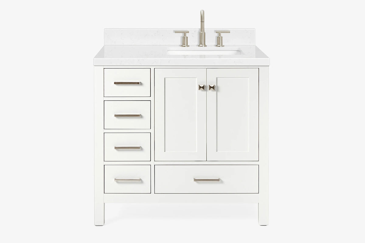 Ariel cambridge 36-37 in. right offset rectangle single sink vanity with carrara (0.75,1.5,2) in countertop