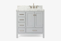 Ariel cambridge 36-37 in. right offset rectangle single sink vanity with carrara (0.75,1.5,2) in countertop