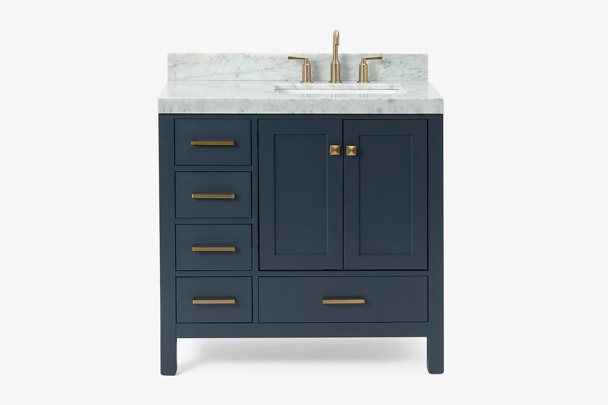 Ariel cambridge 36-37 in. right offset rectangle single sink vanity with carrara (0.75,1.5,2) in countertop