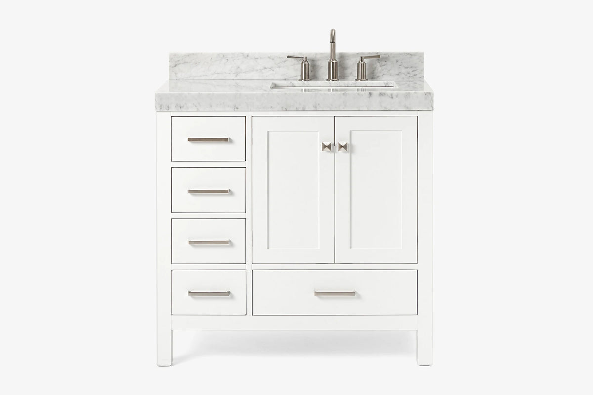 Ariel cambridge 36-37 in. right offset rectangle single sink vanity with carrara (0.75,1.5,2) in countertop