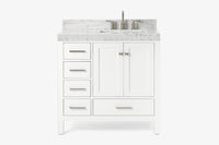 Ariel cambridge 36-37 in. right offset rectangle single sink vanity with carrara (0.75,1.5,2) in countertop