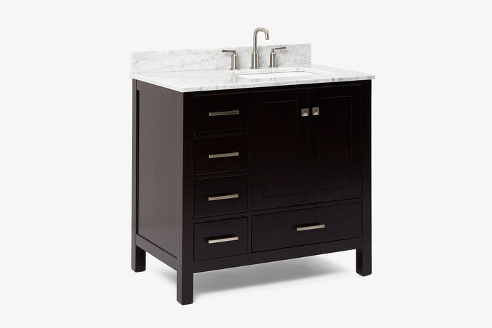 Ariel cambridge 36-37 in. right offset rectangle single sink vanity with carrara (0.75,1.5,2) in countertop