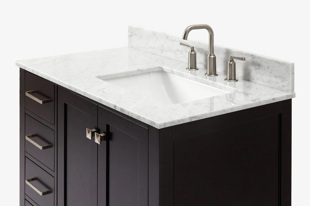 Ariel cambridge 37 in. right offset rectangle single sink vanity with carrara white marble 0.75 in countertop in white