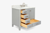 Ariel cambridge 36-37 in. right offset rectangle single sink vanity with carrara (0.75,1.5,2) in countertop