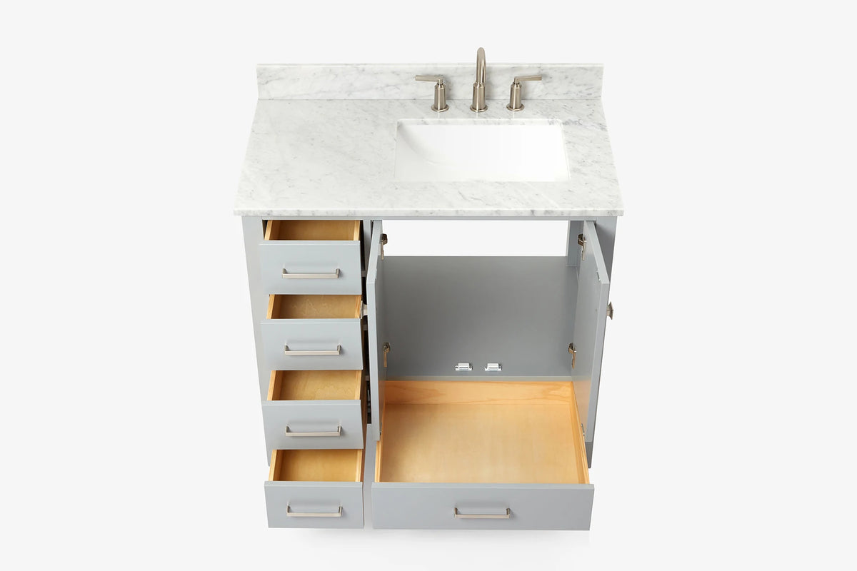 Ariel cambridge 37 in. right offset rectangle single sink vanity with carrara white marble 0.75 in countertop in white