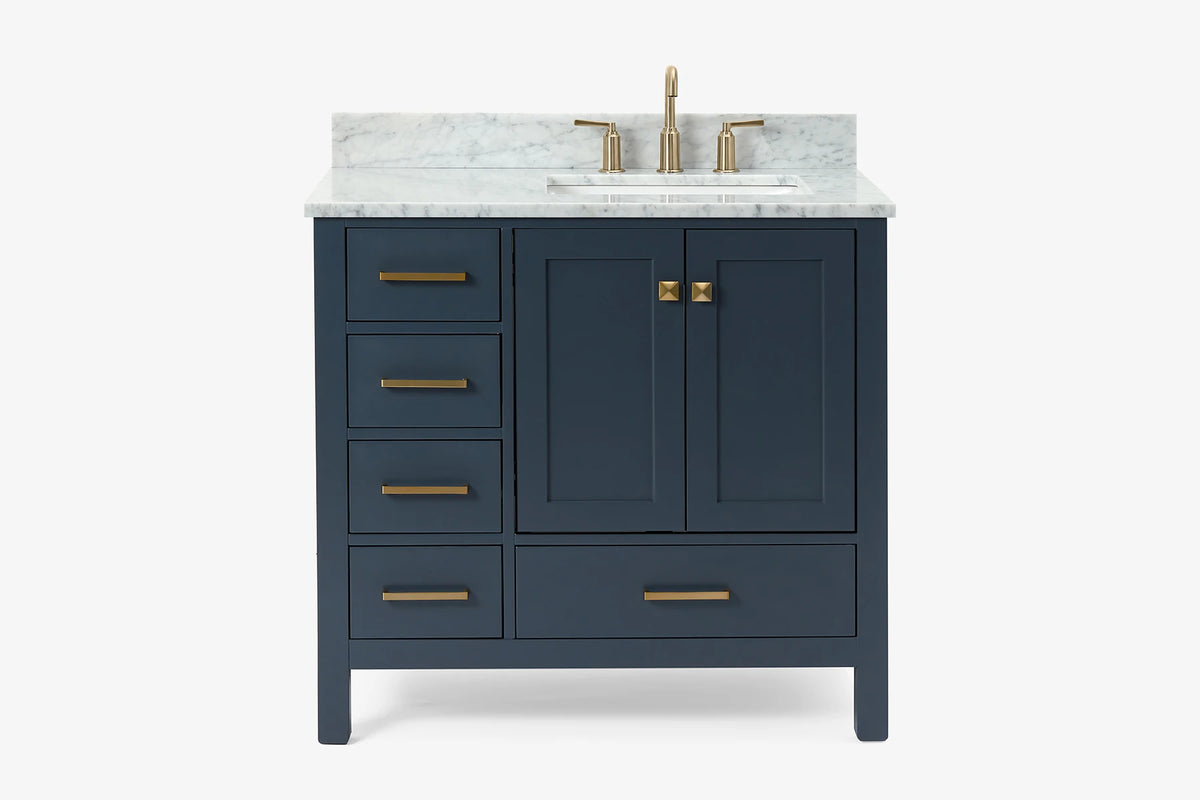 Ariel cambridge 36-37 in. right offset rectangle single sink vanity with carrara (0.75,1.5,2) in countertop