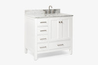 Ariel cambridge 37 in. right offset rectangle single sink vanity with carrara white marble 0.75 in countertop in white