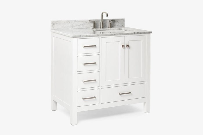 Ariel cambridge 37 in. right offset rectangle single sink vanity with carrara white marble 0.75 in countertop in white