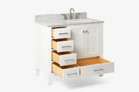 Ariel cambridge 37 in. right offset rectangle single sink vanity with carrara white marble 0.75 in countertop in white