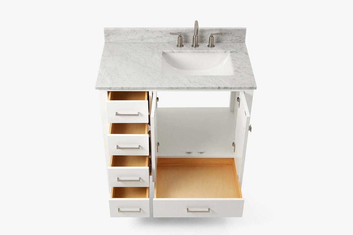 Ariel cambridge 36-37 in. right offset rectangle single sink vanity with carrara (0.75,1.5,2) in countertop