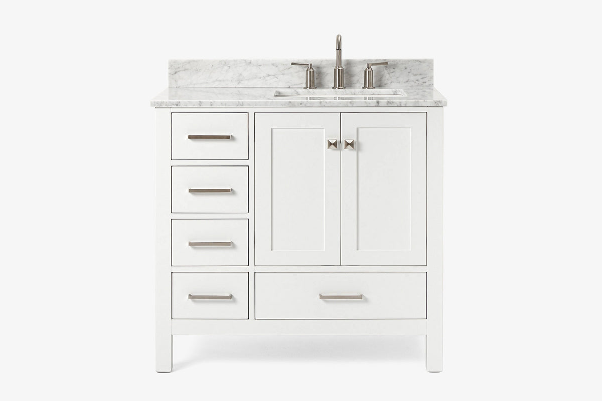 Ariel cambridge 37 in. right offset rectangle single sink vanity with carrara white marble 0.75 in countertop in white