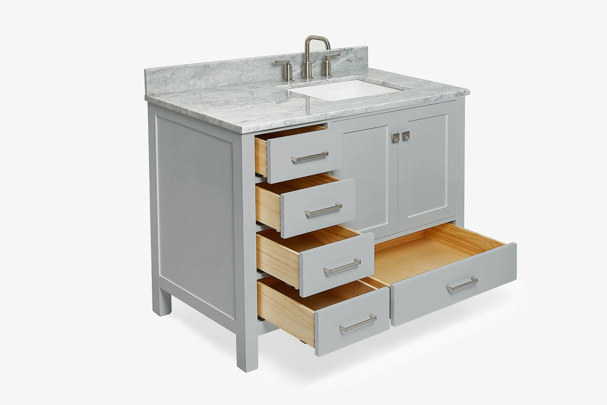 Ariel cambridge (43 inch, 42 inch) right offset single rectangular sink bathroom vanity with marble countertop (0.75 inch, 1.5 inch, 2 inch).