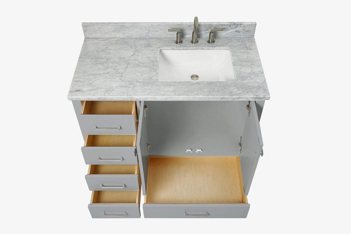 Ariel cambridge (43 inch, 42 inch) right offset single rectangular sink bathroom vanity with marble countertop (0.75 inch, 1.5 inch, 2 inch).