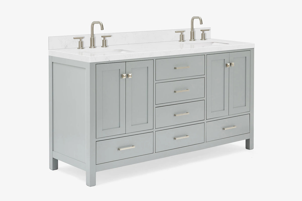 Ariel cambridge 66 inch double rectangle sink bathroom vanity with carrara white quartz countertop 1.5 edge in grey