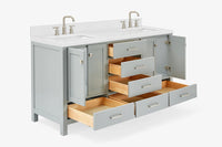 Ariel cambridge 66 inch double rectangle sink bathroom vanity with carrara white quartz countertop 1.5 edge in grey