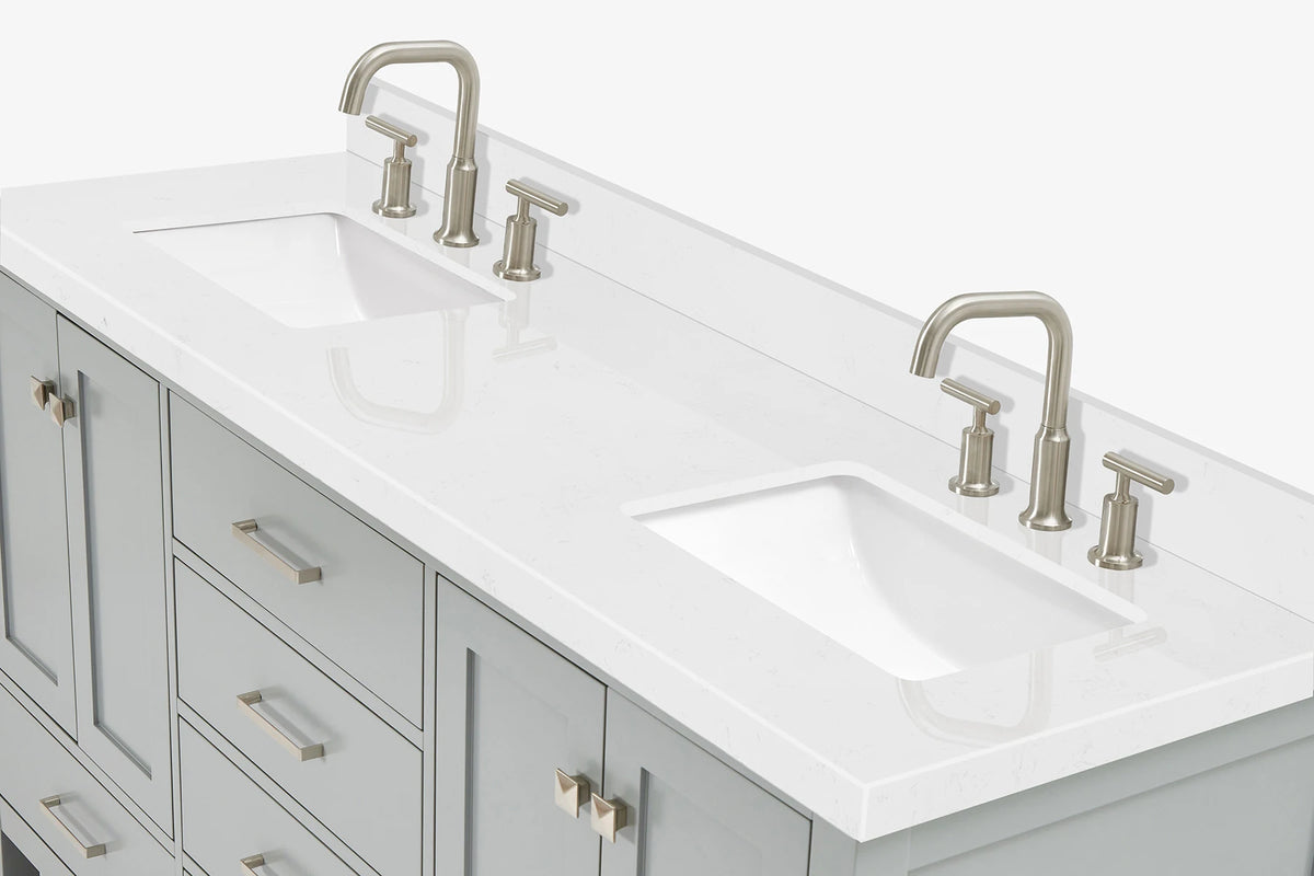 Ariel cambridge 66 inch double rectangle sink bathroom vanity with carrara white quartz countertop 1.5 edge in grey
