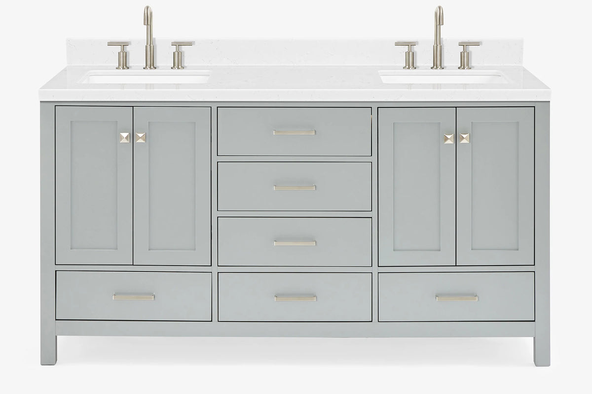 Ariel cambridge 66 inch double rectangle sink bathroom vanity with carrara white quartz countertop 1.5 edge in grey