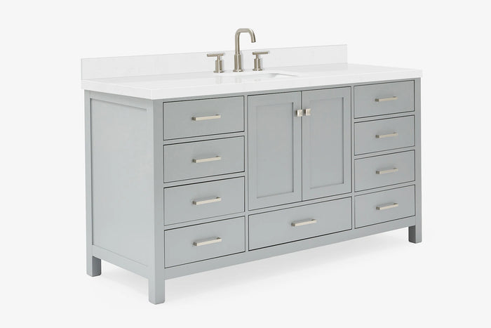 Ariel cambridge 66 inch single rectangle sink bathroom vanity with carrara white quartz countertop 1.5 edge in grey