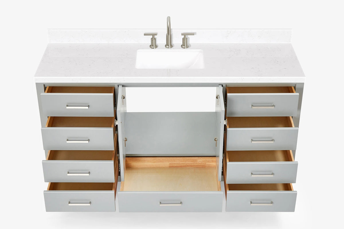 Ariel cambridge 66 inch single rectangle sink bathroom vanity with carrara white quartz countertop 1.5 edge in grey