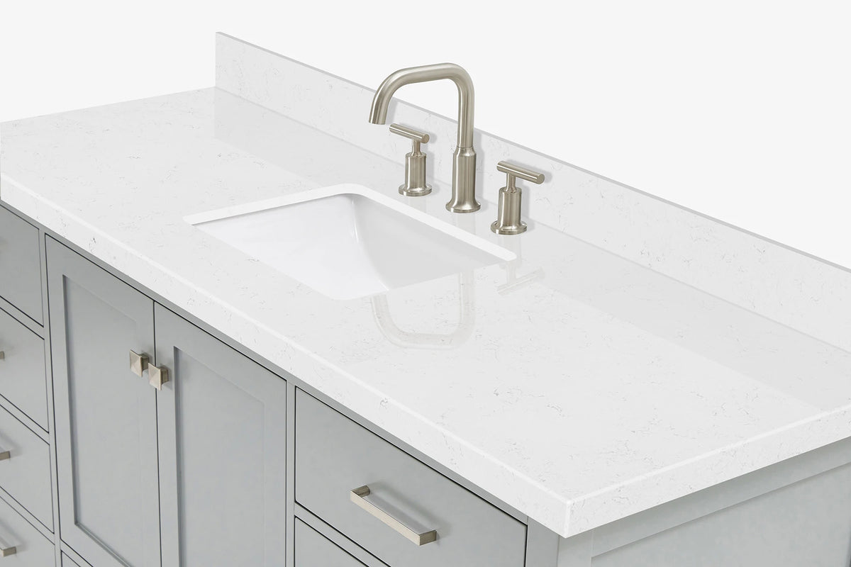 Ariel cambridge 66 inch single rectangle sink bathroom vanity with carrara white quartz countertop 1.5 edge in grey