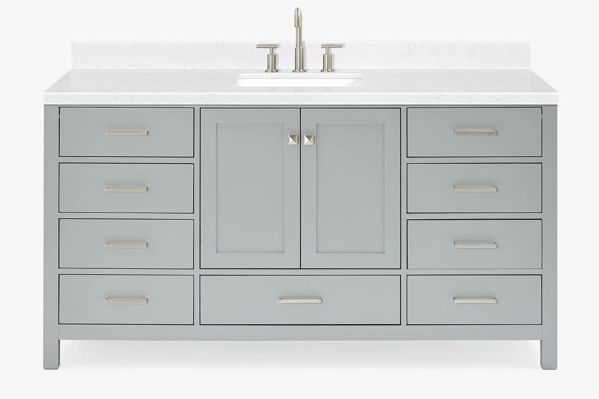 Ariel cambridge 66 inch single rectangle sink bathroom vanity with carrara white quartz countertop 1.5 edge in grey