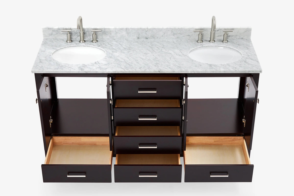 Ariel cambridge (66"&67") in double oval sink bathroom vanity with marble countertop (0.75" & 1.5").