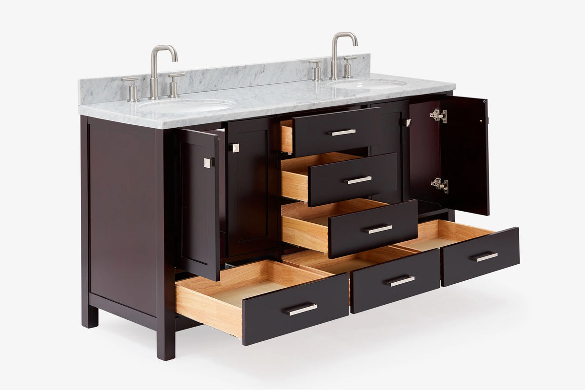 Ariel cambridge (66"&67") in double oval sink bathroom vanity with marble countertop (0.75" & 1.5").