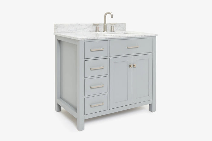 Ariel bristol 37 in. right offset single rectangle sink vanity with 0.75 in. carrara white marble countertop in white