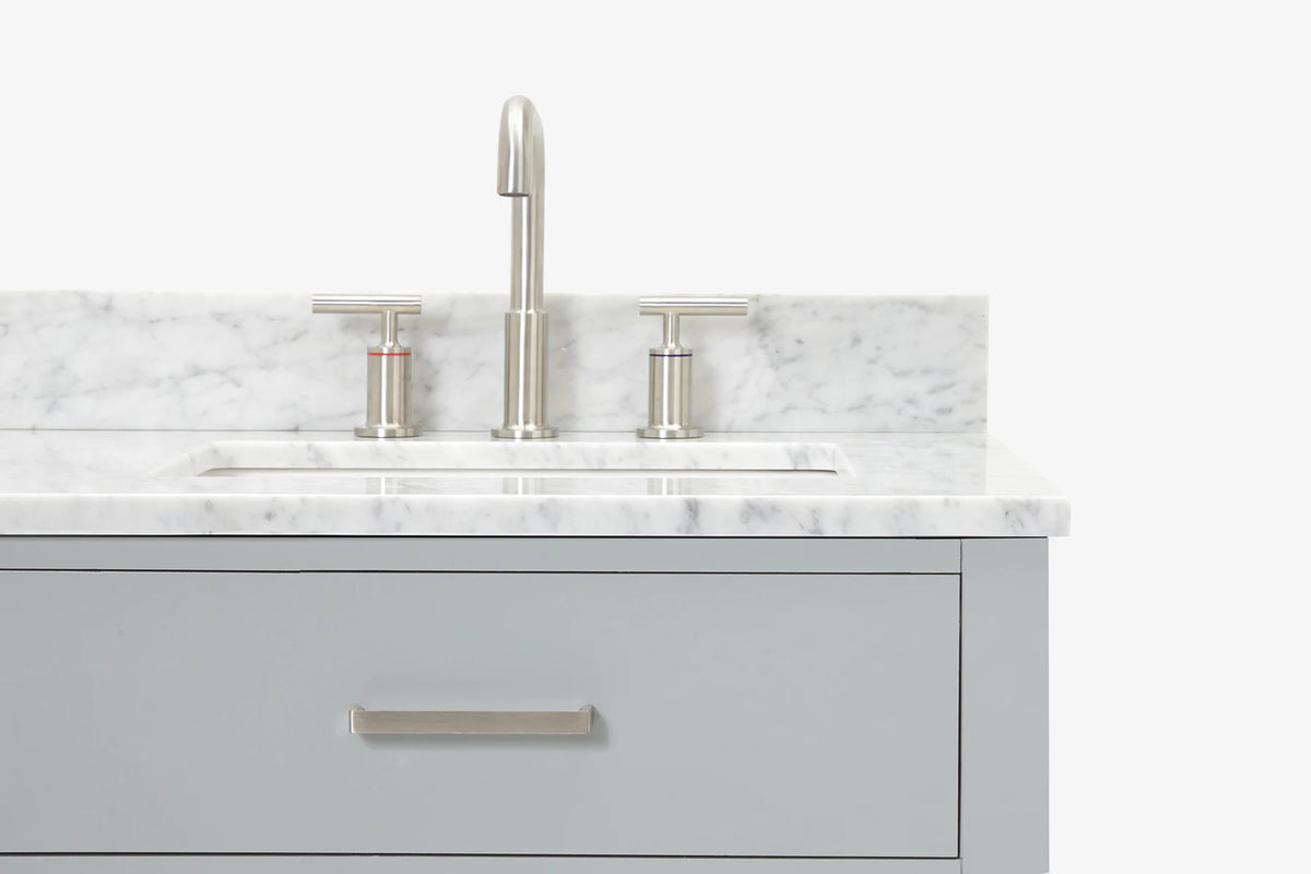 Ariel bristol 37 in. right offset single rectangle sink vanity with 0.75 in. carrara white marble countertop in white