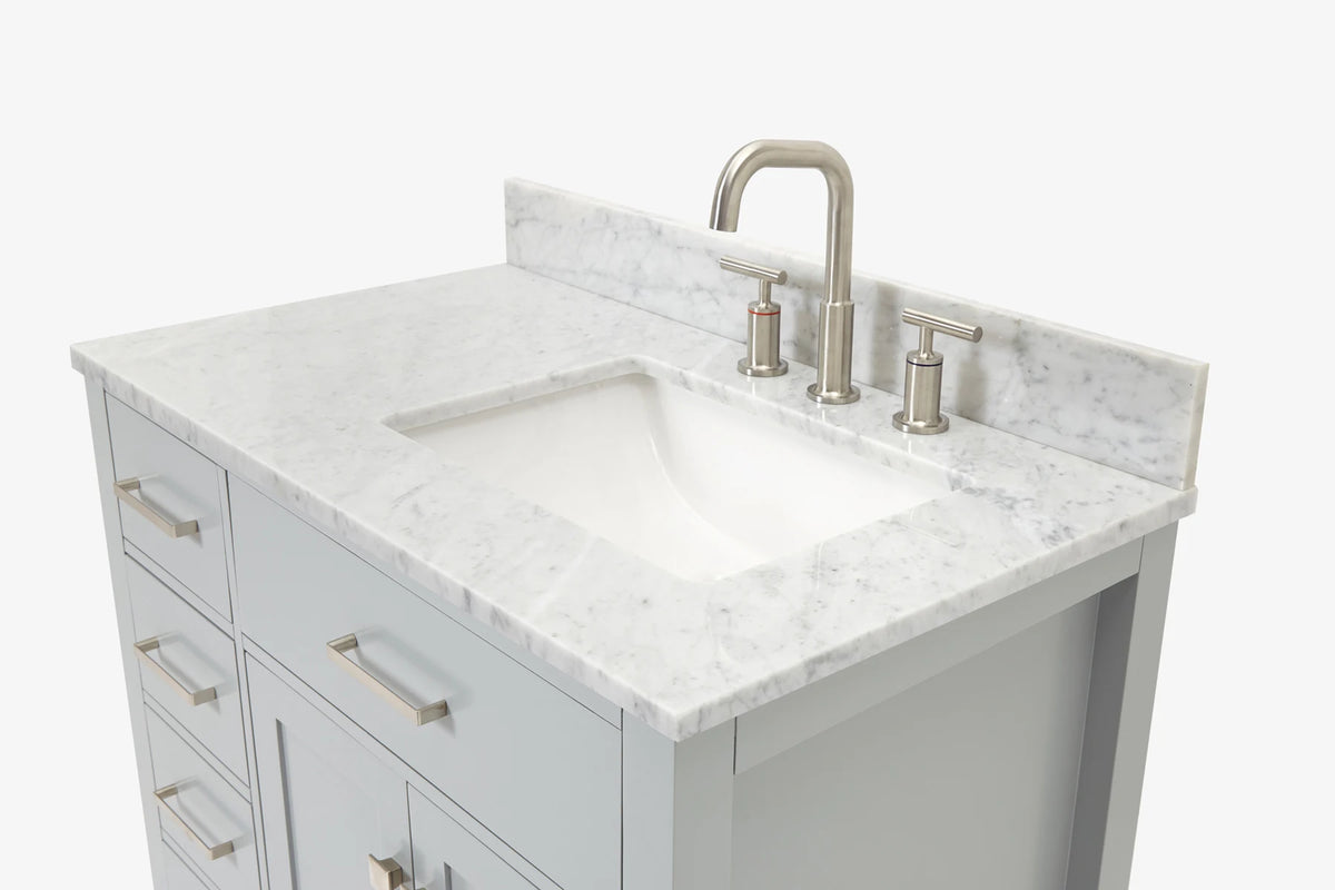 Ariel bristol 37 in. right offset single rectangle sink vanity with 0.75 in. carrara white marble countertop in white