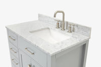 Ariel bristol 37 in. right offset single rectangle sink vanity with 0.75 in. carrara white marble countertop in white