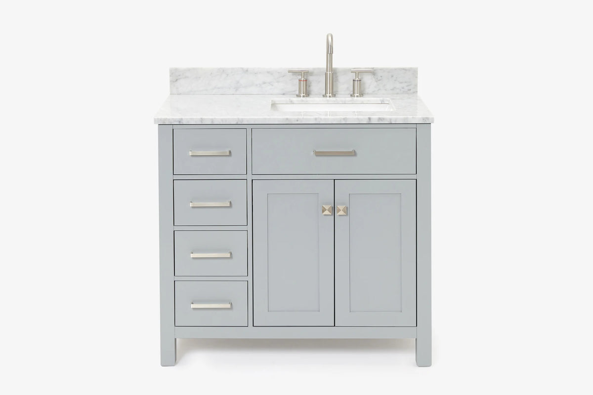 Ariel bristol 37 in. right offset single rectangle sink vanity with 0.75 in. carrara white marble countertop in white