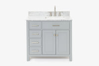 Ariel bristol 37 in. right offset single rectangle sink vanity with 0.75 in. carrara white marble countertop in white
