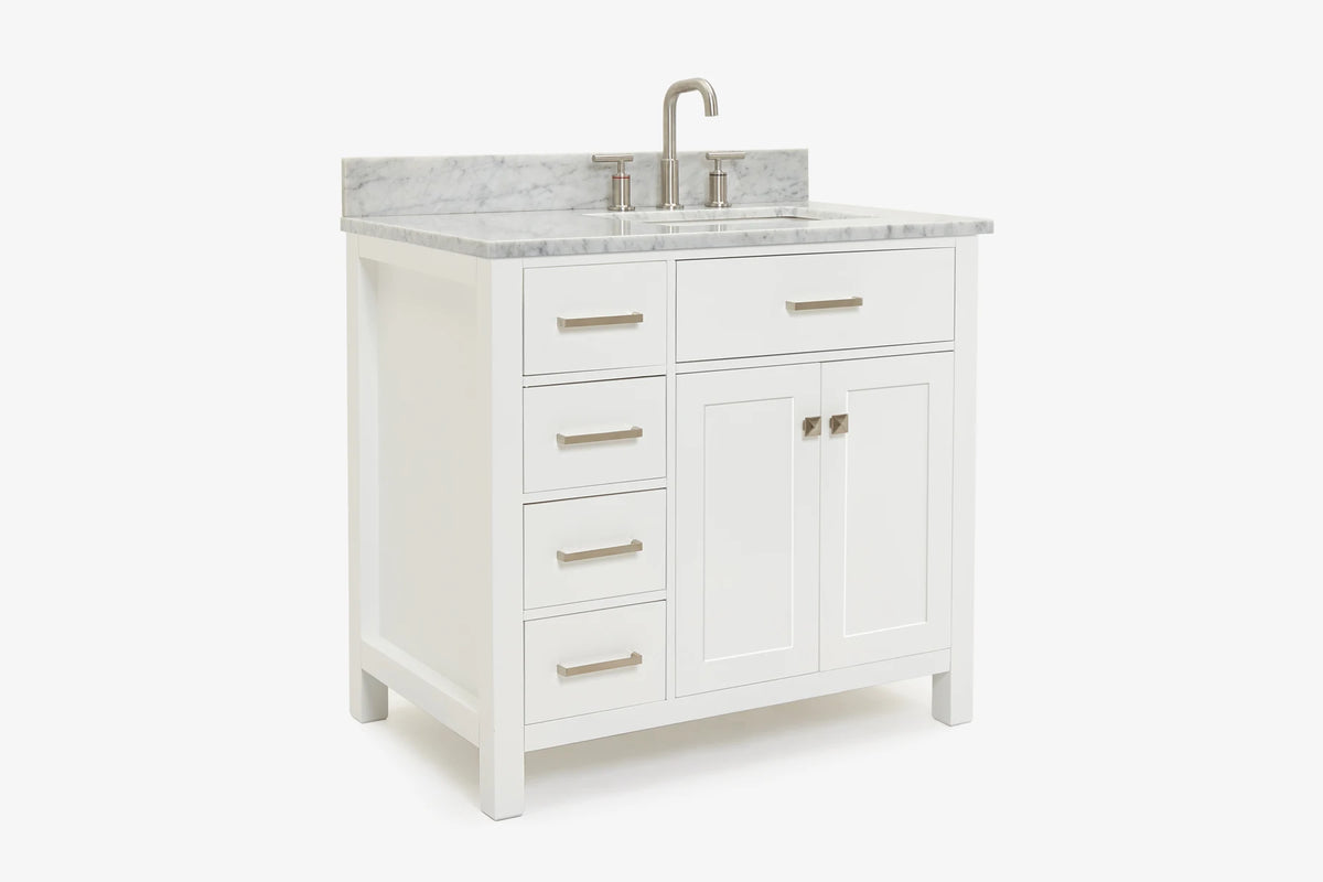 Ariel bristol 37 in. right offset single rectangle sink vanity with 0.75 in. carrara white marble countertop in white