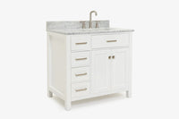 Ariel bristol 37 in. right offset single rectangle sink vanity with 0.75 in. carrara white marble countertop in white