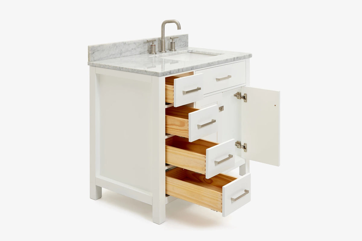 Ariel bristol 37 in. right offset single rectangle sink vanity with 0.75 in. carrara white marble countertop in white