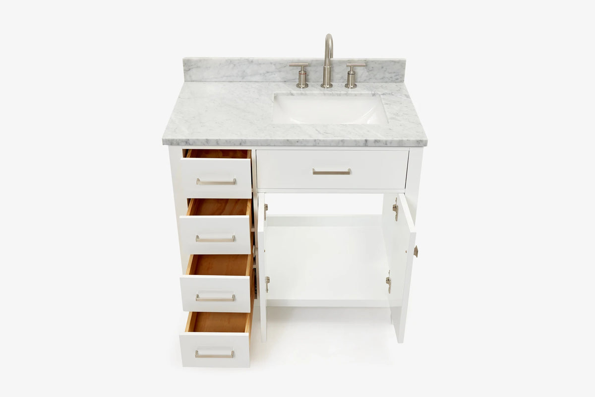 Ariel bristol 37 in. right offset single rectangle sink vanity with 0.75 in. carrara white marble countertop in white