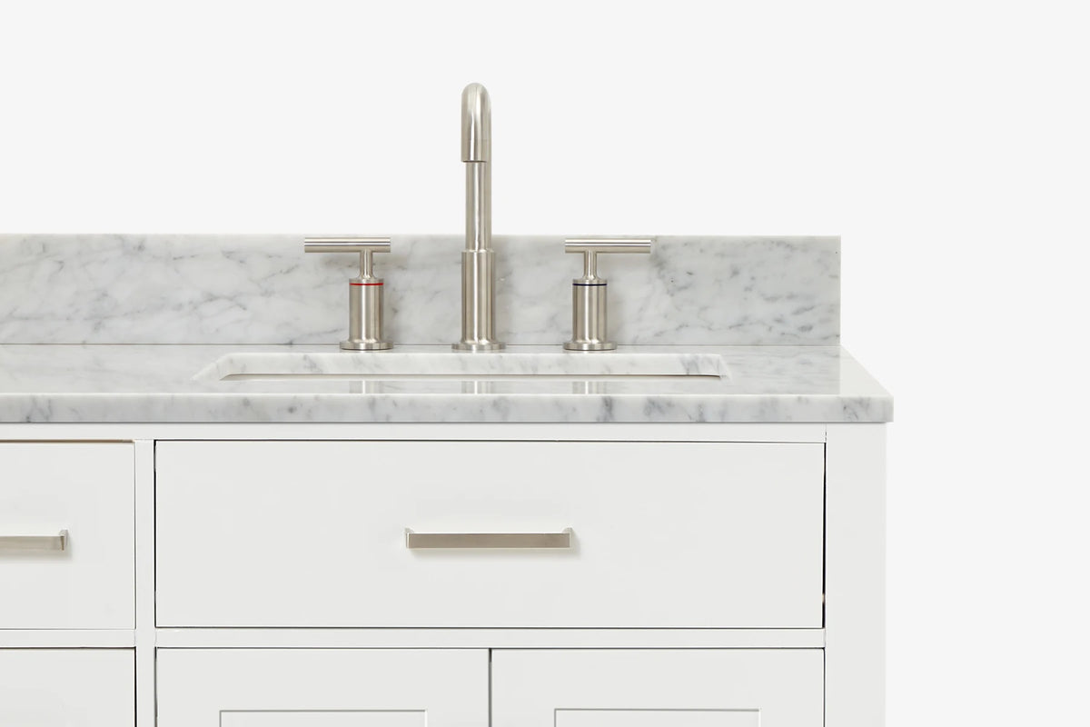 Ariel bristol 37 in. right offset single rectangle sink vanity with 0.75 in. carrara white marble countertop in white