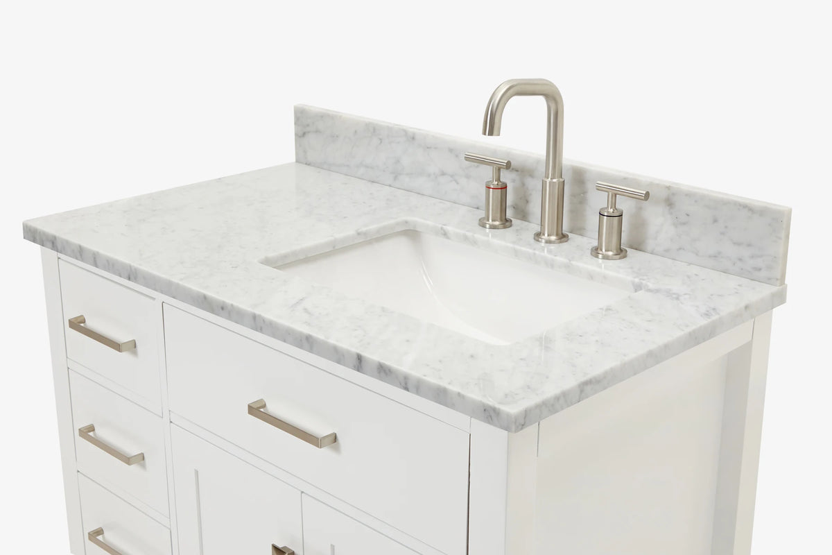 Ariel bristol 37 in. right offset single rectangle sink vanity with 0.75 in. carrara white marble countertop in white