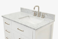 Ariel bristol 37 in. right offset single rectangle sink vanity with 0.75 in. carrara white marble countertop in white