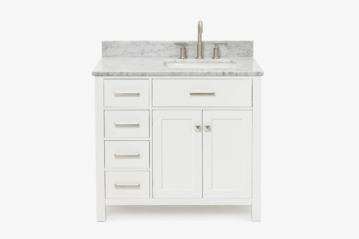 Ariel bristol 37 in. right offset single rectangle sink vanity with 0.75 in. carrara white marble countertop in white