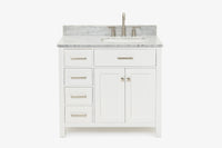Ariel bristol 37 in. right offset single rectangle sink vanity with 0.75 in. carrara white marble countertop in white