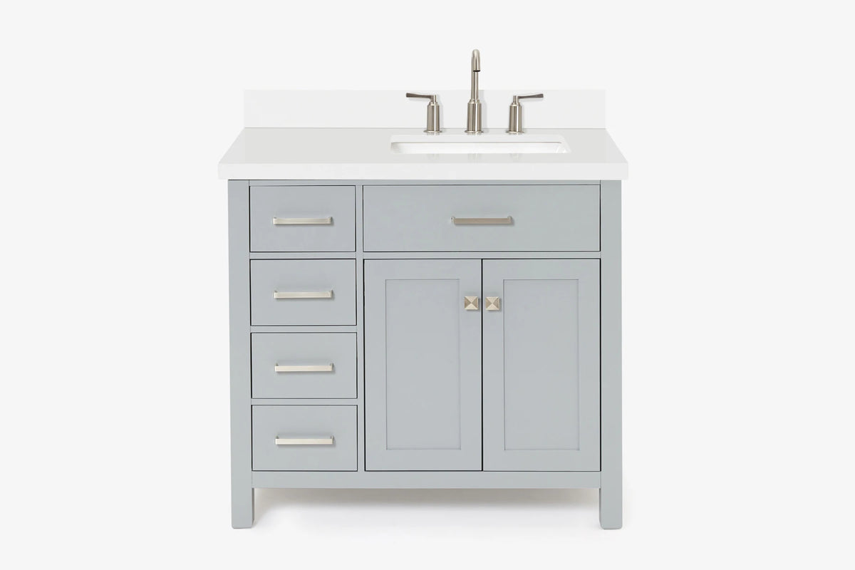 Ariel bristol 37 in. right offset single rectangle sink vanity with 0.75 in. carrara white marble countertop in white