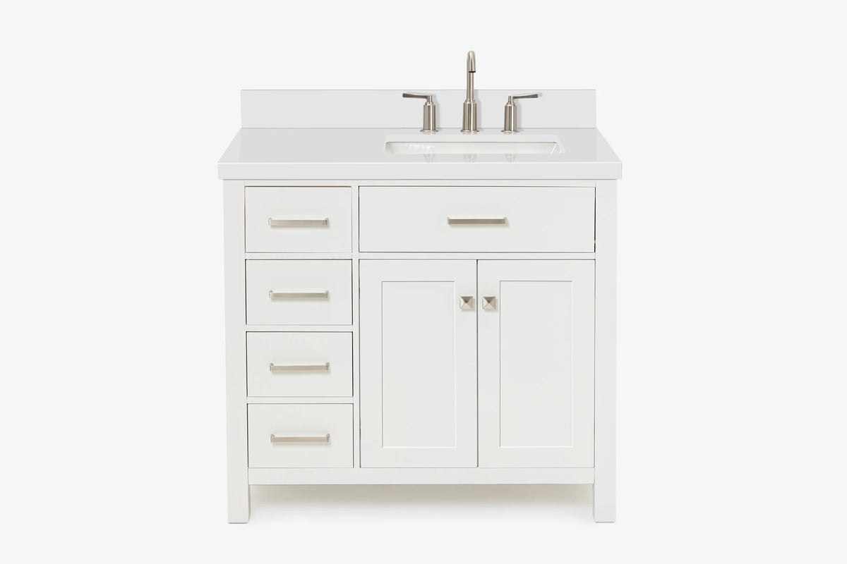Ariel bristol 37 in. right offset single rectangle sink vanity with 0.75 in. carrara white marble countertop in white
