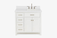 Ariel bristol 37 in. right offset single rectangle sink vanity with 0.75 in. carrara white marble countertop in white