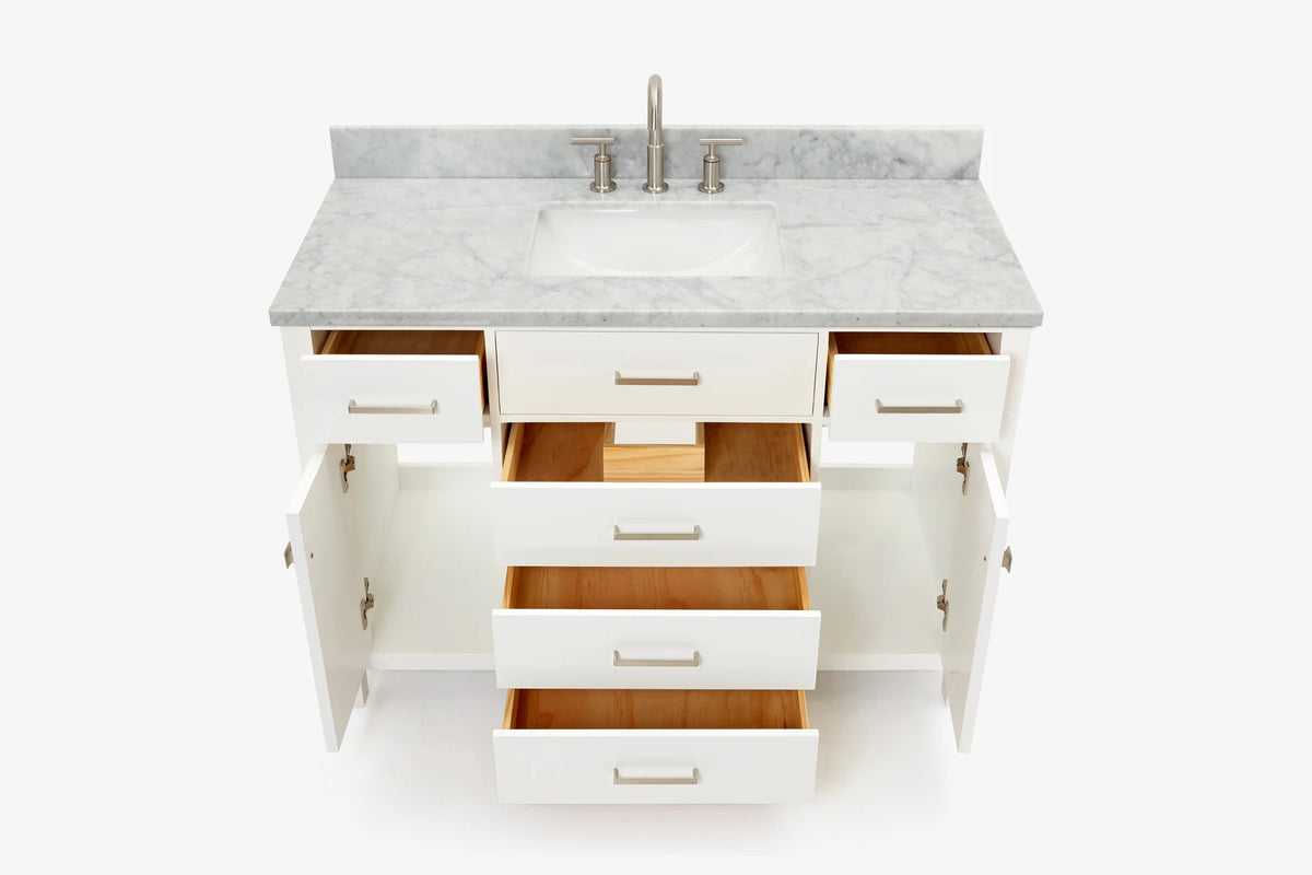 Ariel bristol 49 in. single rectangle sink vanity with 0.75 in. carrara white marble countertop in white