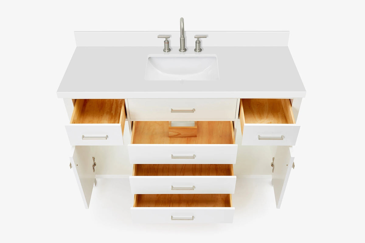 Ariel bristol 55 in. single rectangle sink vanity with white quartz countertop in white