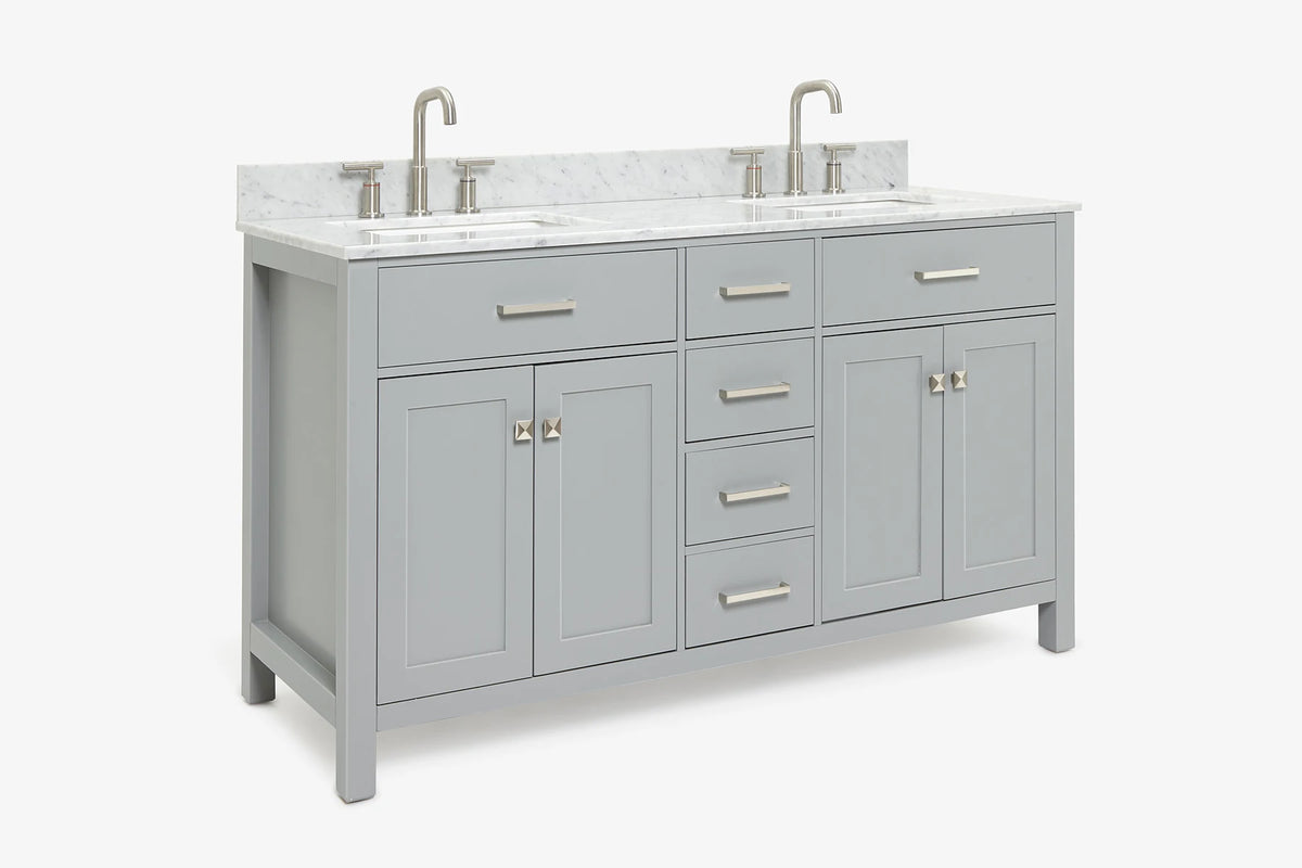 Ariel bristol 61 in. double rectangle sink vanity with 0.75 in. carrara white marble countertop in grey